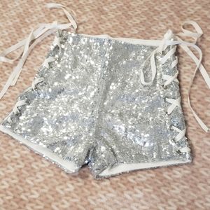 Lace up high waisted sequin shorts
